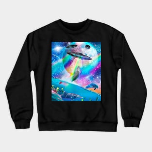 Cute Galaxy Dolphin UFO Abduction, Rainbow Space Crewneck Sweatshirt